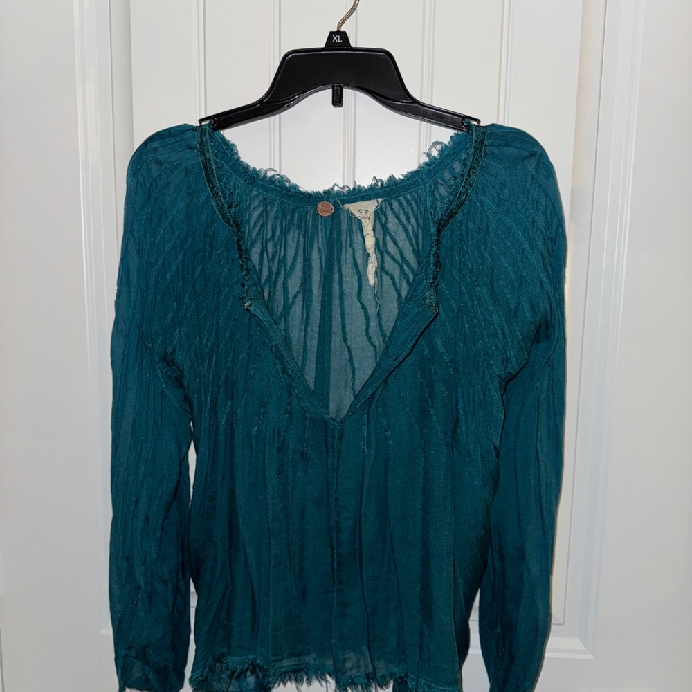 Free People Green and Blue Smocked Long Sleeve Blouse